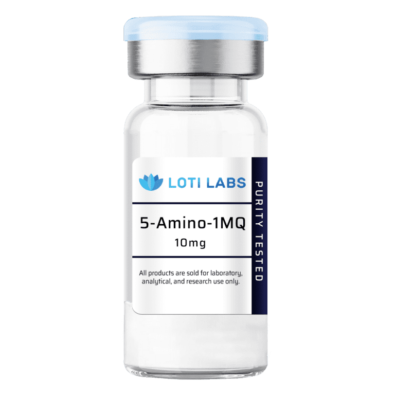 A clear vial labeled "5-amino-1MQ 10mg" from Loti Labs, purity tested and designated for laboratory, analytical, and research use only.
