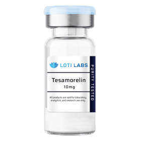 A clear vial labeled "Tesamorelin 10mg" with a silver cap and a purity tested label, for laboratory, analytical, and research use only.