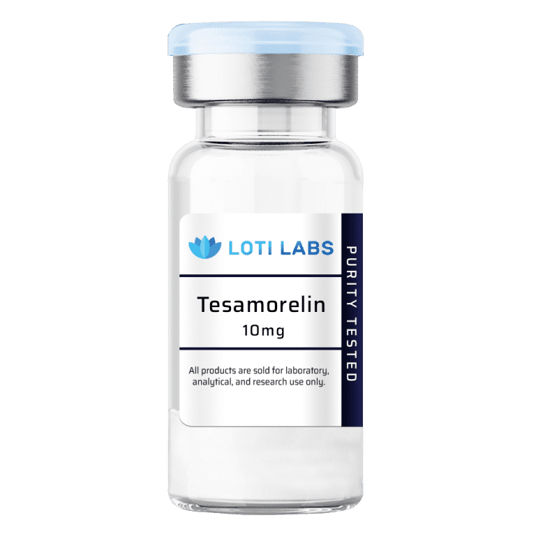 A clear vial labeled "Tesamorelin 10mg" with a silver cap and a purity tested label, for laboratory, analytical, and research use only.