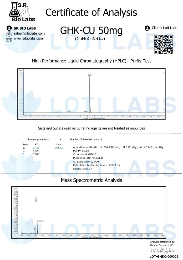 Certificate of Analysis for GHK-CU 50mg showing HPLC purity test results, molecular analysis, and compound data from SR Bio Labs for client Loti Labs.