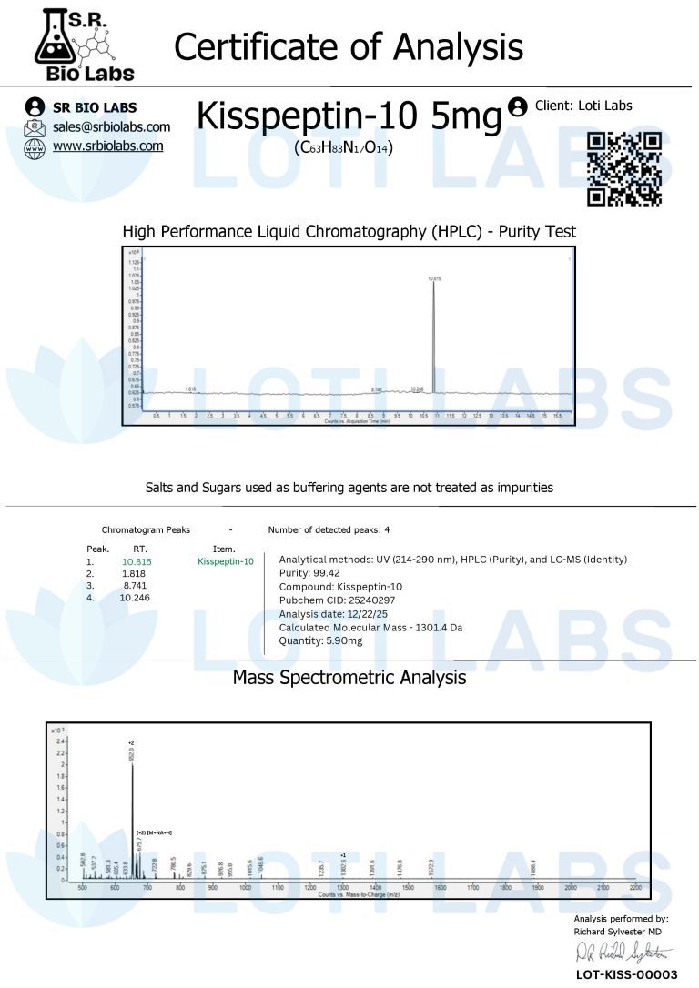 Certificate of analysis for Kisspeptin-10 5mg showing HPLC purity test chromatogram and mass spectrometric analysis, issued by S.R. Bio Labs for client Loti Labs.