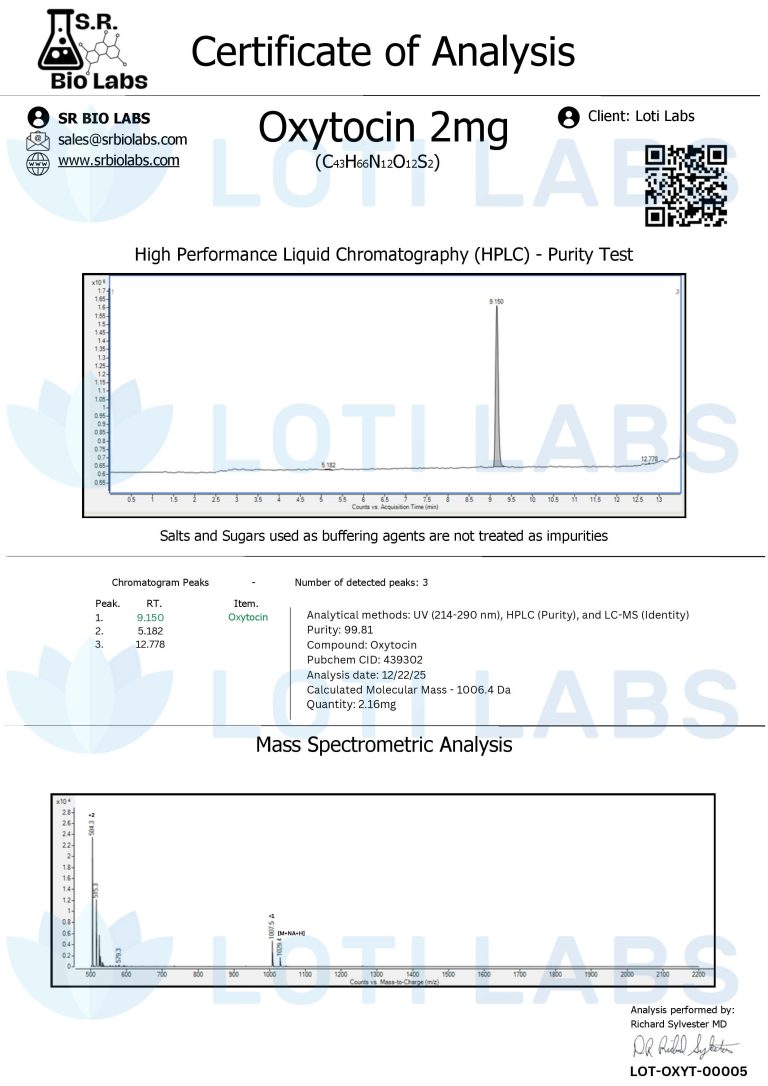 Certificate of analysis for Oxytocin 2mg showing HPLC purity test graph, mass spectrometric analysis, and compound details from S.R. Bio Labs for client Loti Labs.