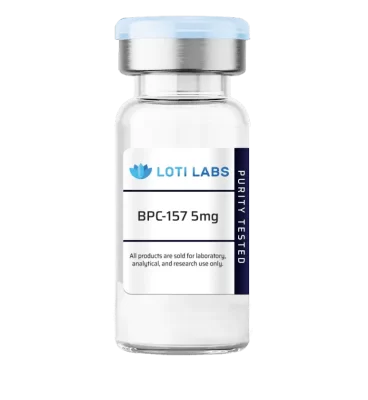 A clear vial labeled "Loti Labs BPC-157 5mg" with a blue cap and "Purity Tested" on the side; text states it is for laboratory, analytical, and research use only.