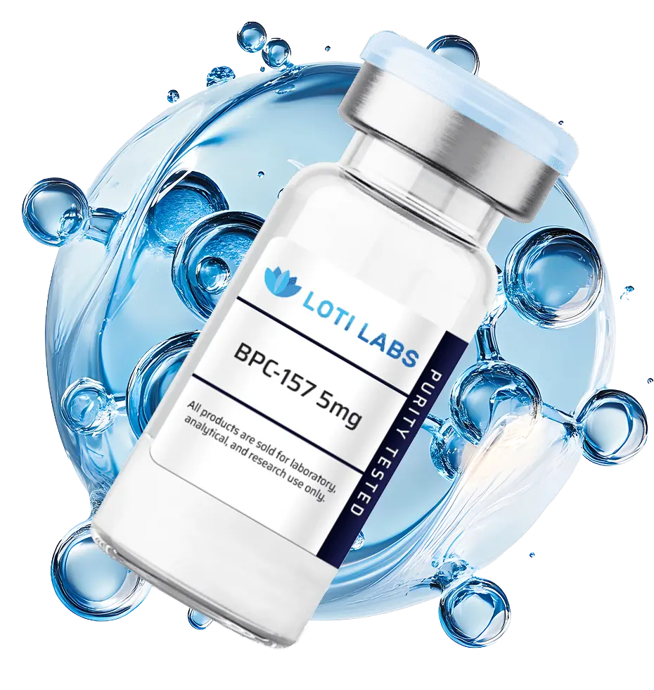 A vial labeled “Loti Labs BPC-157 5mg” in front of a blue liquid with bubbles; text notes the product is for laboratory, analytical, and research use only.