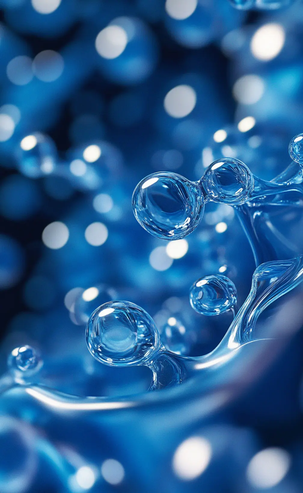 Close-up of several clear water droplets, suspended and interconnected, against a blurred blue background with light reflections.