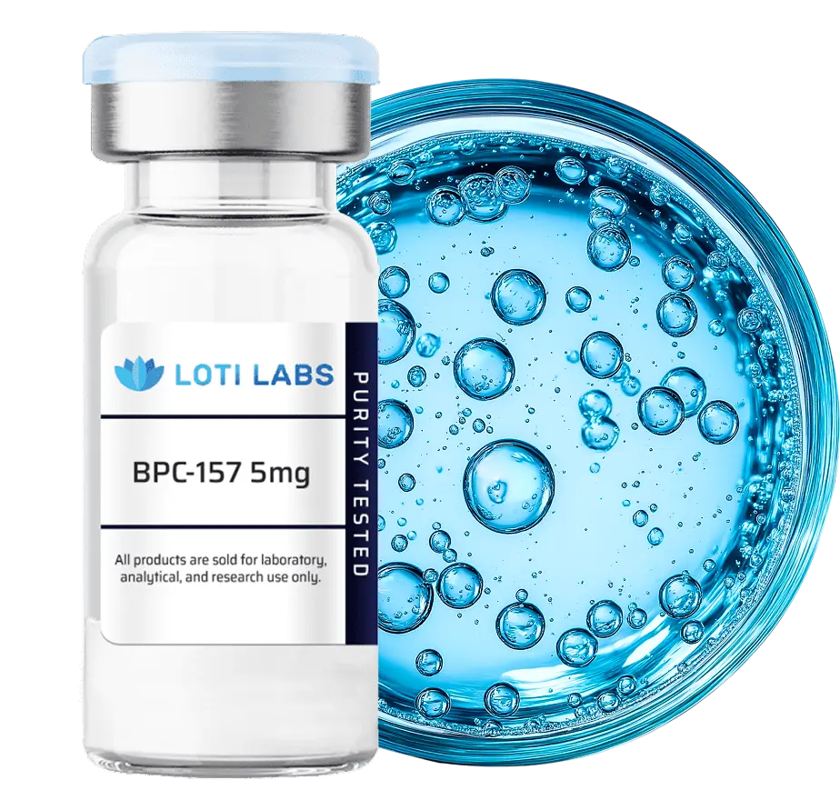 A vial labeled "BPC-157 5mg" from Loti Labs is shown next to a petri dish containing a blue liquid with bubbles.