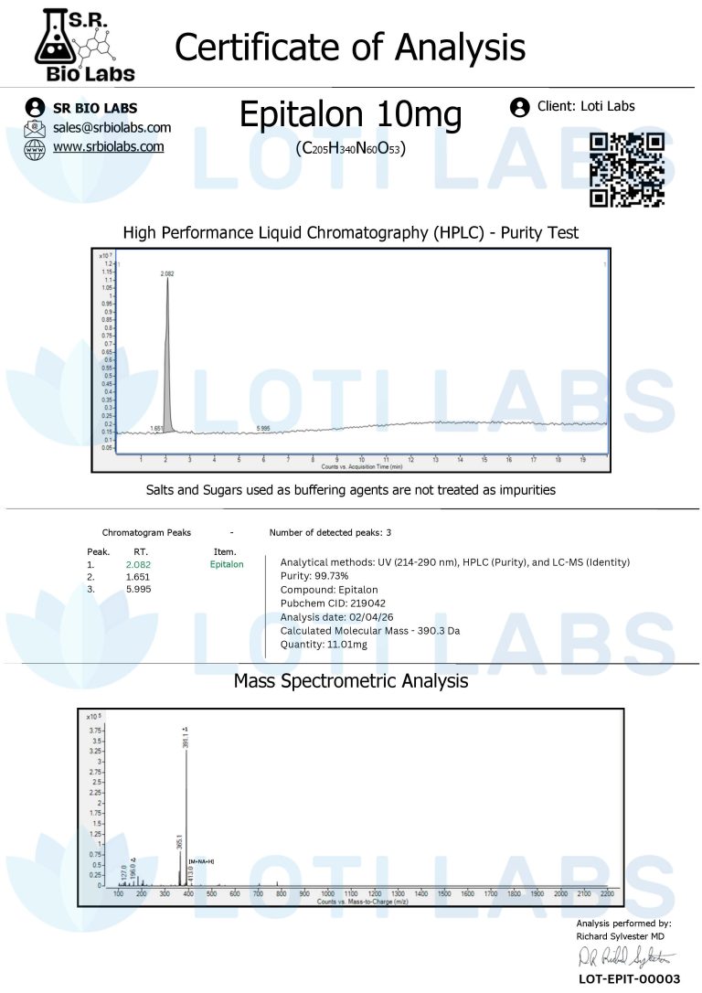 Certificate of analysis for Epitalon 10mg showing HPLC purity test graph, mass spectrometry result, and purity data from SR Bio Labs for client Loti Labs.