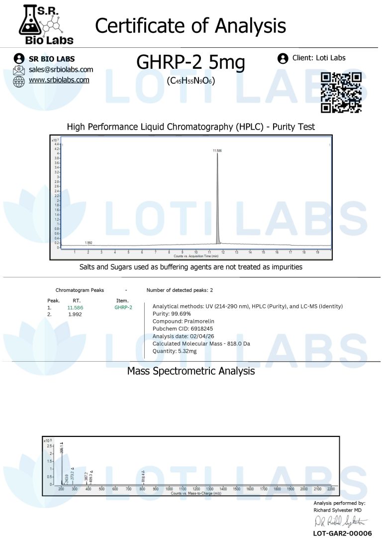 Certificate of analysis for GHRP-2 5mg shows HPLC purity test and mass spectrometry analysis with chromatogram and data table, issued by SR Bio Labs for Loti Labs.