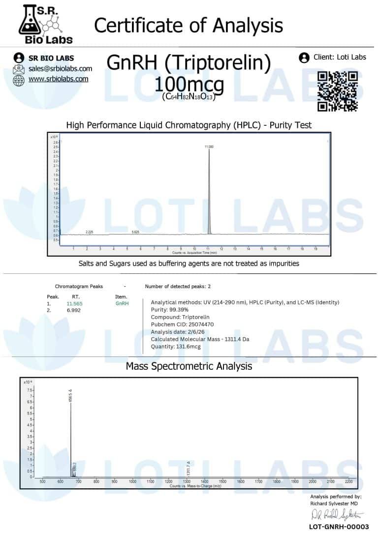 Certificate of Analysis for GnRH (Triptorelin) 100 mcg, showing HPLC purity test chromatogram and mass spectrometry results, issued by SR Bio Labs for client Loti Labs.