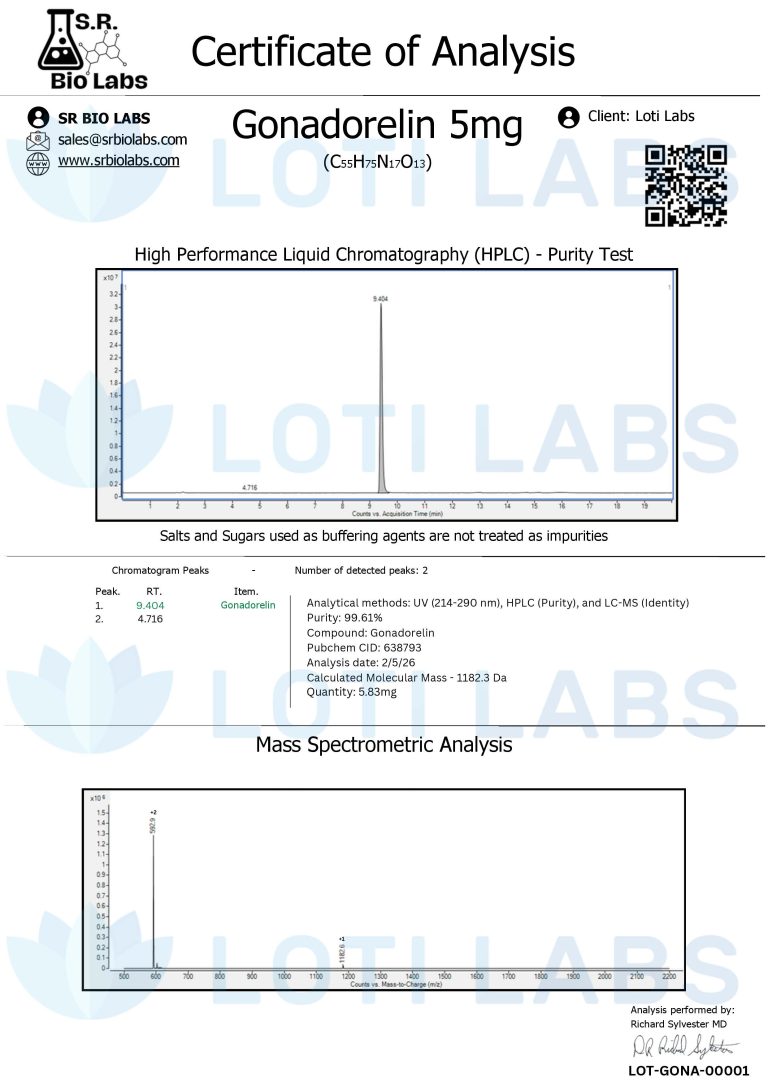 Certificate of analysis for Gonadorelin 5mg by SR Bio Labs showing HPLC purity test graph, mass spectrometry analysis, and product details.