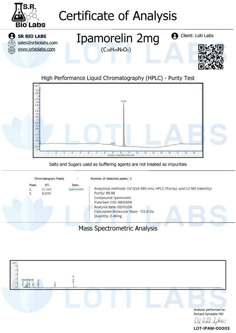 Certificate of analysis for Ipamorelin 2mg showing HPLC purity test and mass spectrometric analysis graphs, with chromatogram and key metrics listed.