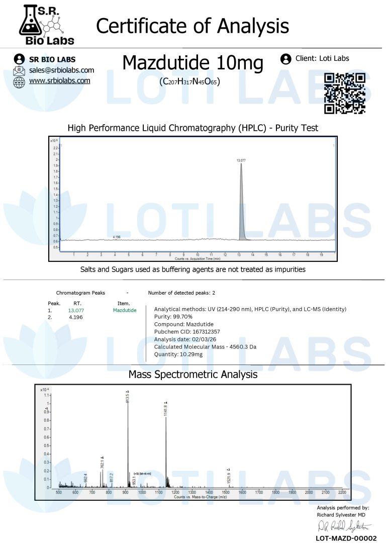 Certificate of Analysis for Mazdutide 10mg showing HPLC purity test graph, mass spectrometry analysis, and compound details for quality verification.