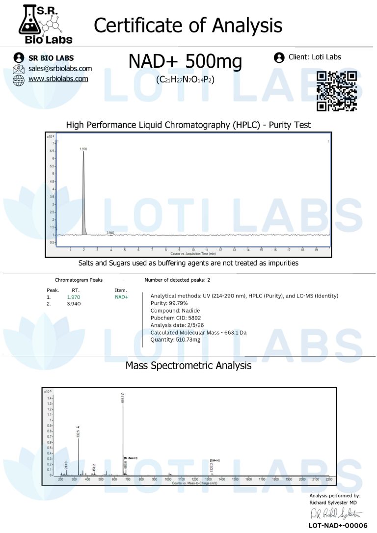 Certificate of analysis for NAD+ 500mg showing HPLC purity test chromatogram and mass spectrometric analysis with product details and test results from Loti Labs.