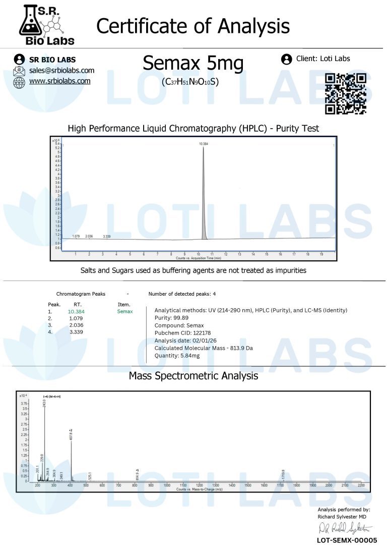 Certificate of Analysis for Semax 5mg showing HPLC purity test and mass spectrometric analysis results from SR Bio Labs for client Loti Labs.