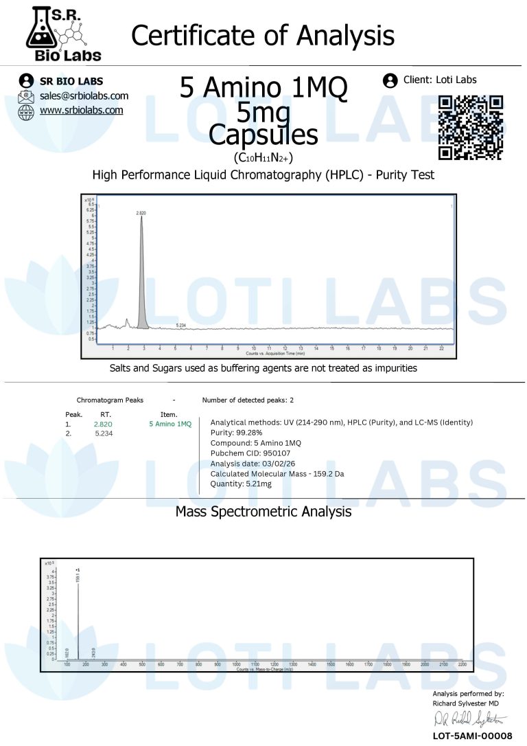 Certificate of Analysis for 5 Amino 1MQ 5mg capsules showing HPLC purity test results and mass spectrometric analysis data from SR Bio Labs for client Loti Labs.