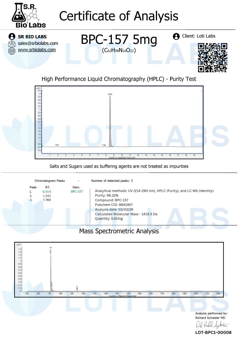 Certificate of Analysis for BPC-157 5mg featuring HPLC purity test graph, mass spectrometry analysis, and product details from SR Bio Labs.