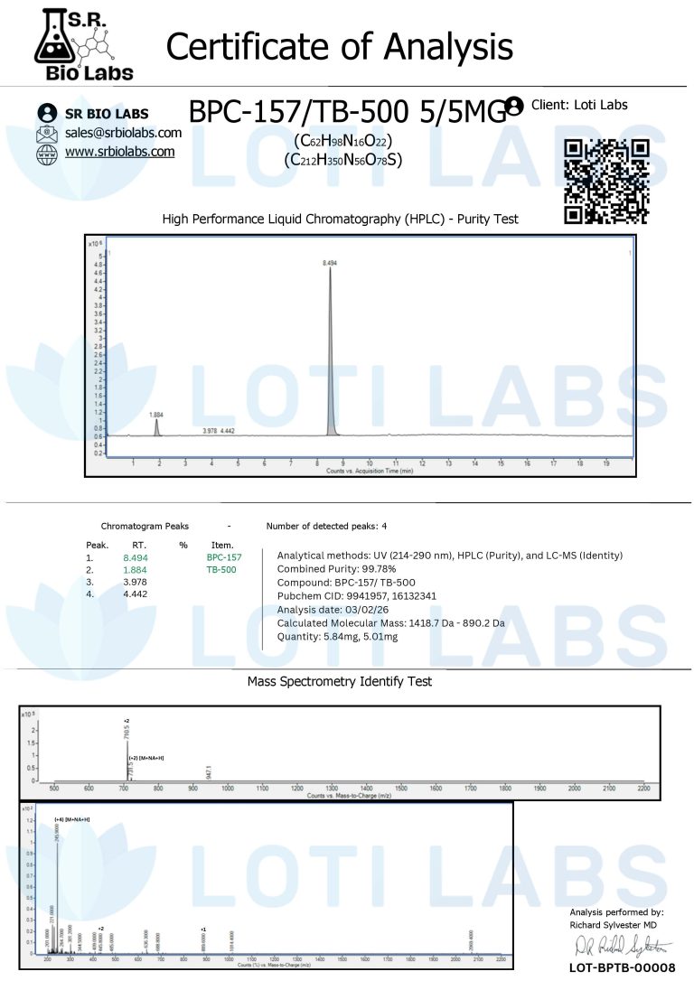 Certificate of analysis for BPC-157/TB-500 5/5MG showing HPLC purity test and mass spectrometry identity test graphs, with contact details and testing data from SR Bio Labs.