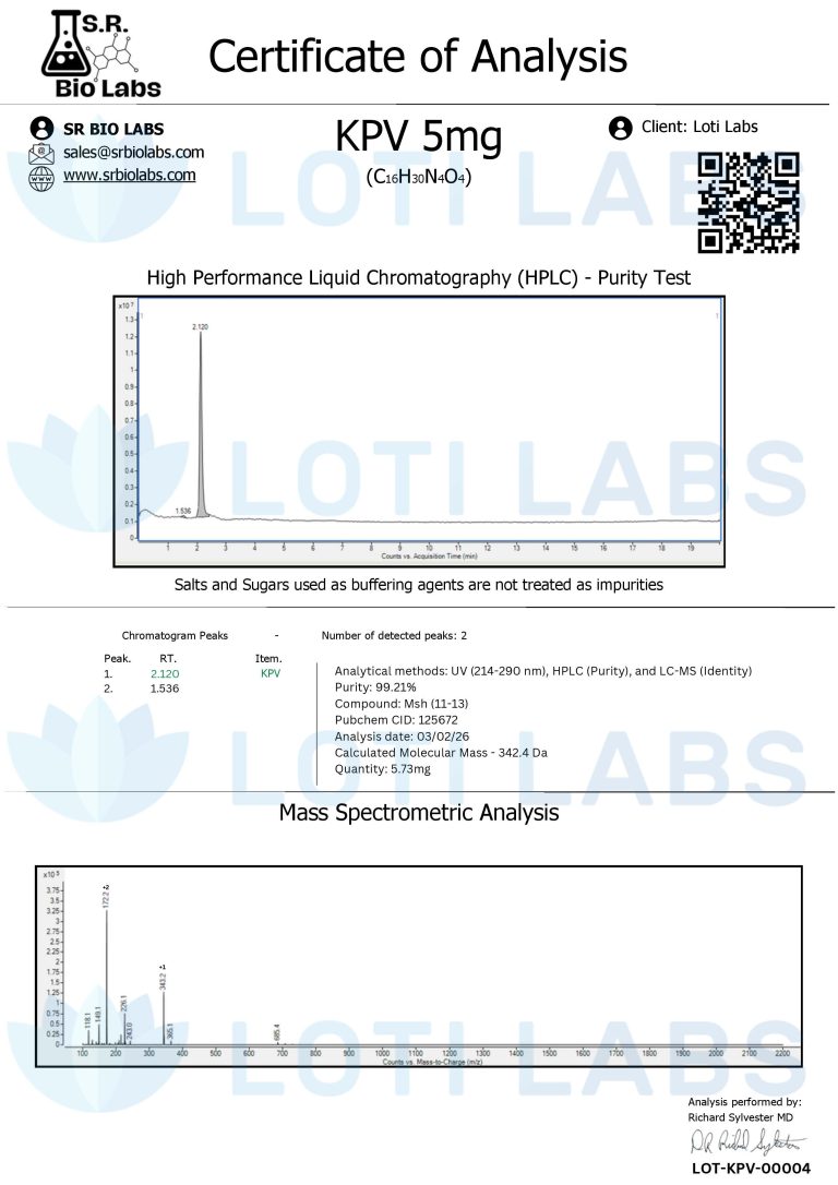 Certificate of analysis for KPV 5mg showing HPLC purity test graph, chemical data, and mass spectrometric analysis for Loti Labs, issued by SR Bio Labs.
